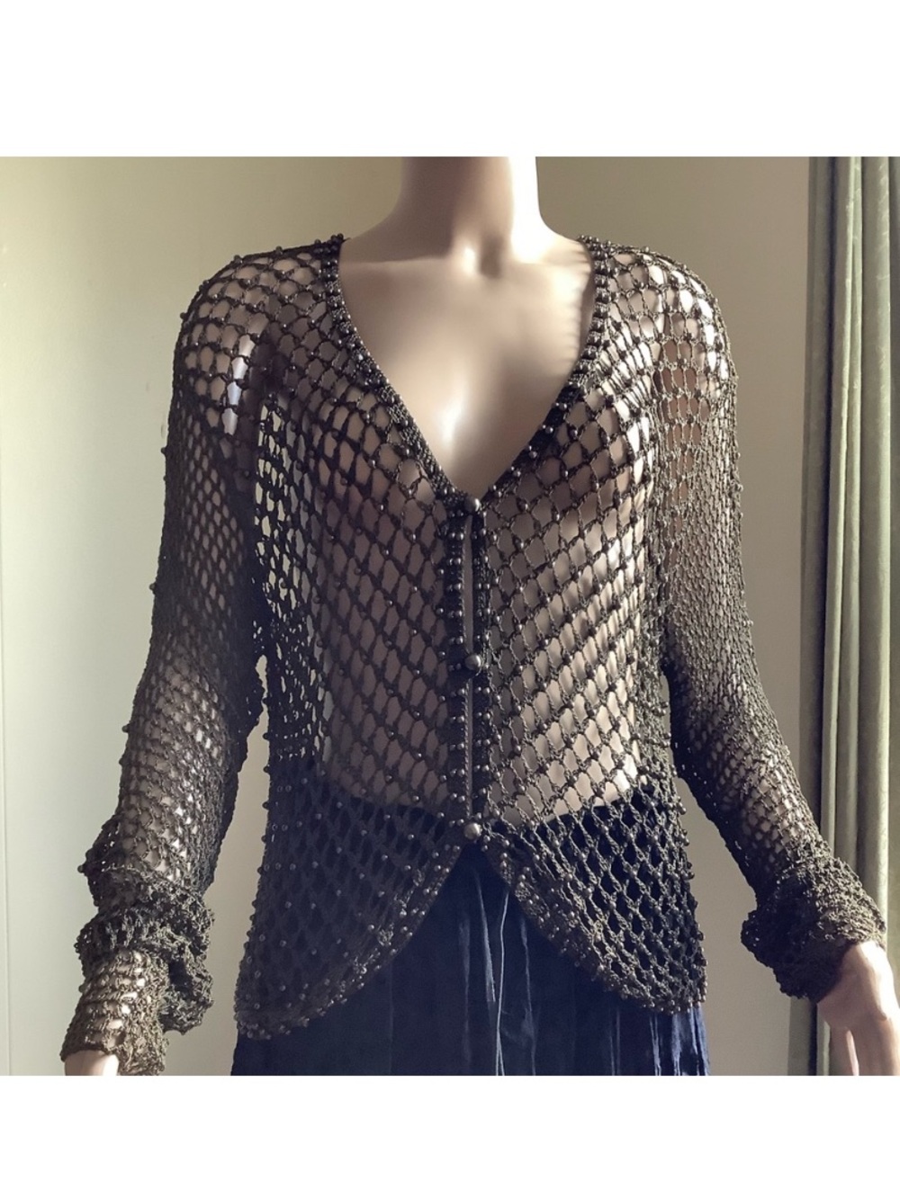 Vintage Y2K Beaded Open-Knit Crochet Cardigan - olive green